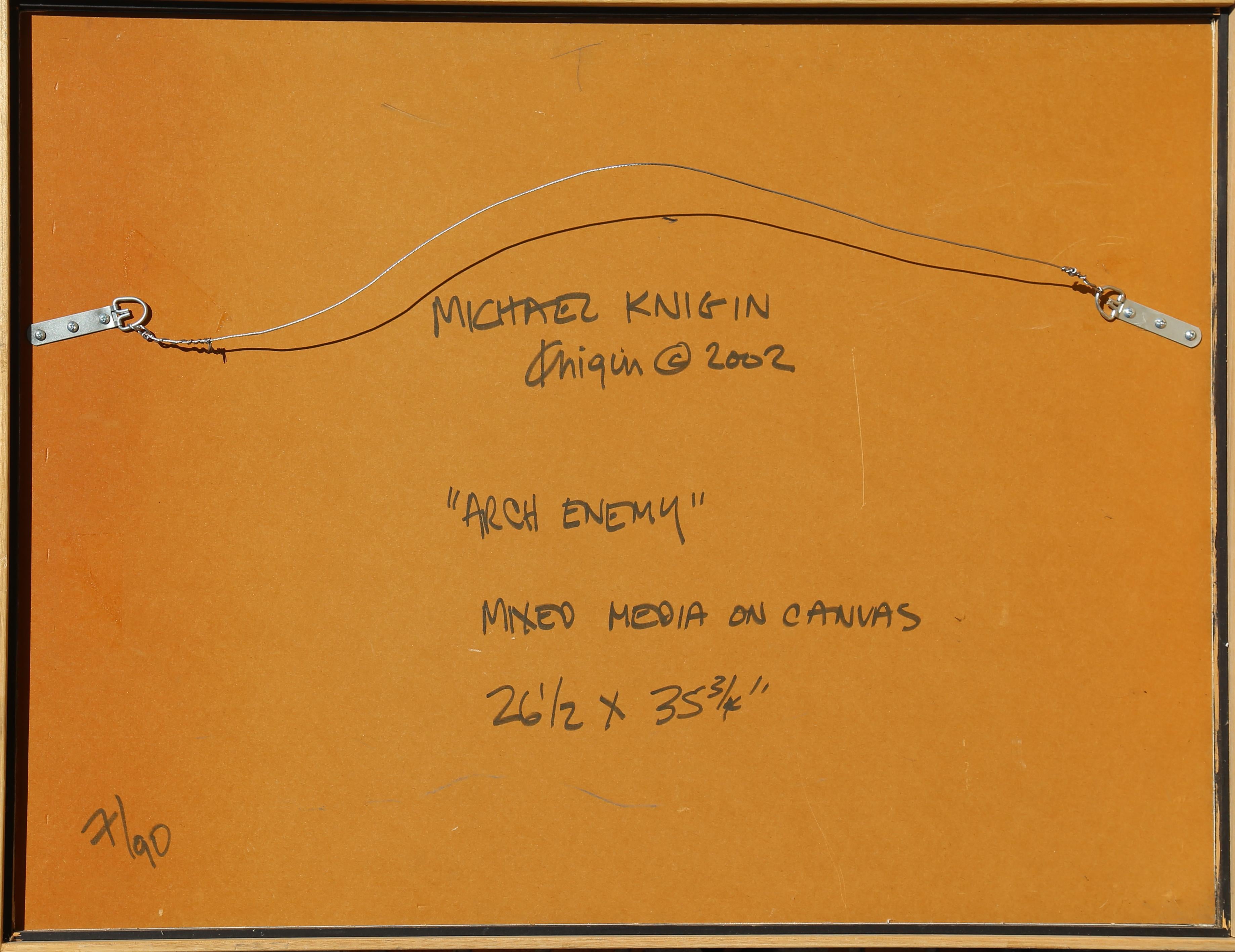 Une impression mixte en édition limitée sur toile montée sur bois de l'artiste et éducateur américain Michael Knigin (1942 - 2011). L'art de Knigin incorpore sa photographie, ses collages et ses traits abstraits lumineux pour former de nouvelles
