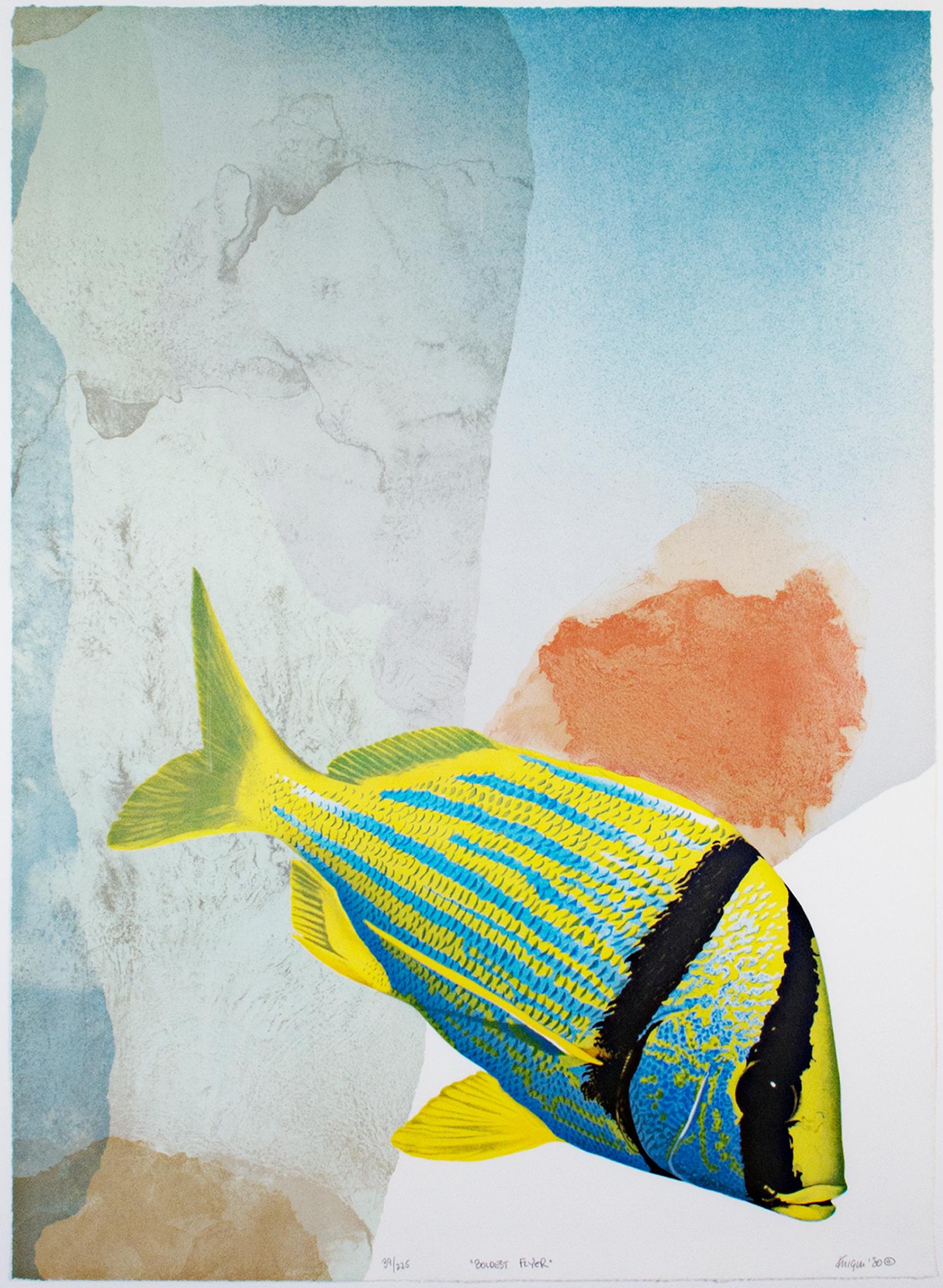 "Boldest Flyer" is an original color lithograph by Michael Knigin. The artist signed the piece lower right and titled it lower center. This piece features a bright blue and yellow fish in front of an abstract background. This piece is edition