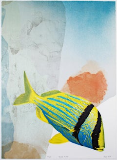 „Boldest Flyer“, original signierte Lithographie abstrakt-realistischer Fisch in ruhigem, sanftem Kissen, Original