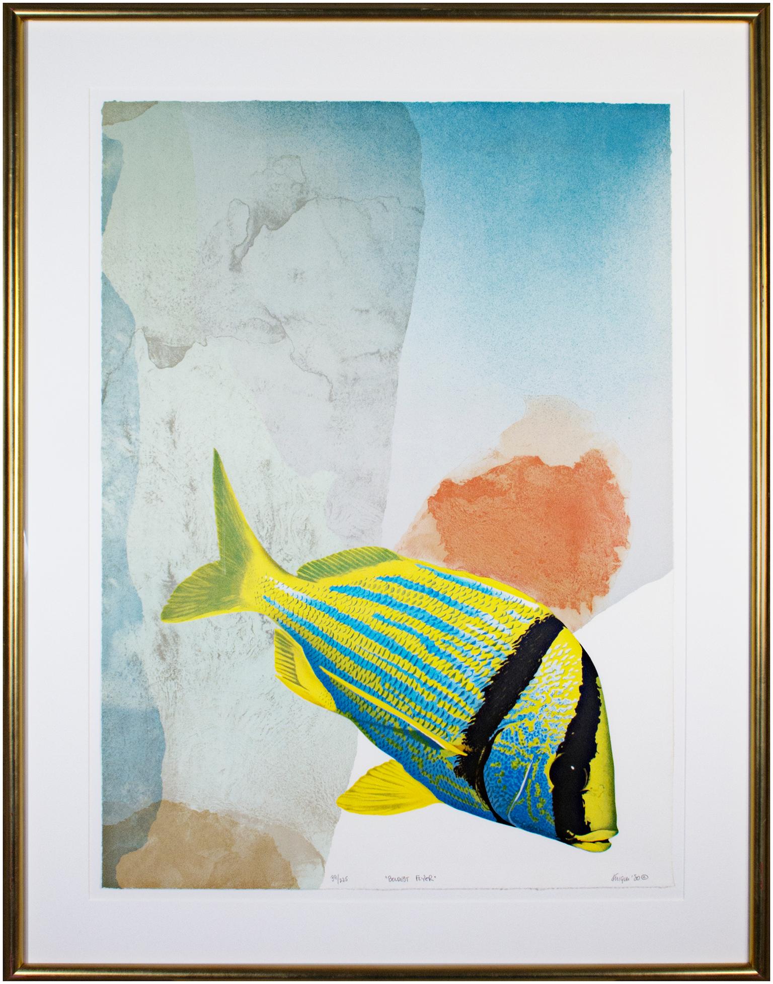Michael Knigin Animal Print - "Boldest Flyer, " original signed lithograph abstract realist fish calm mellow
