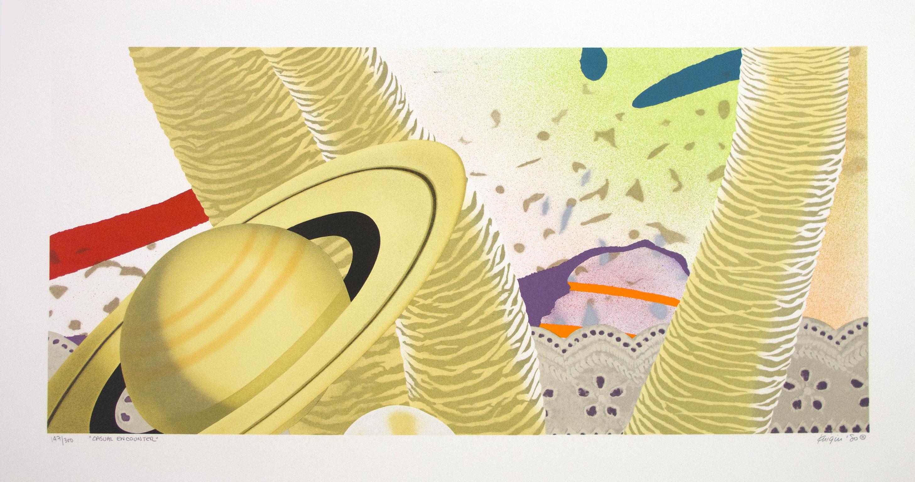 "Casual Encounter" is an original color lithograph by Michael Knigin. The artist signed the piece lower right and titled it lower left. This artwork is edition number 147/300. It features the planet Saturn in front of an abstract, patterned