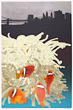 « East River Dance », lithographie originale signée pop art, paysage urbain avec clowns et poissons de l'océan