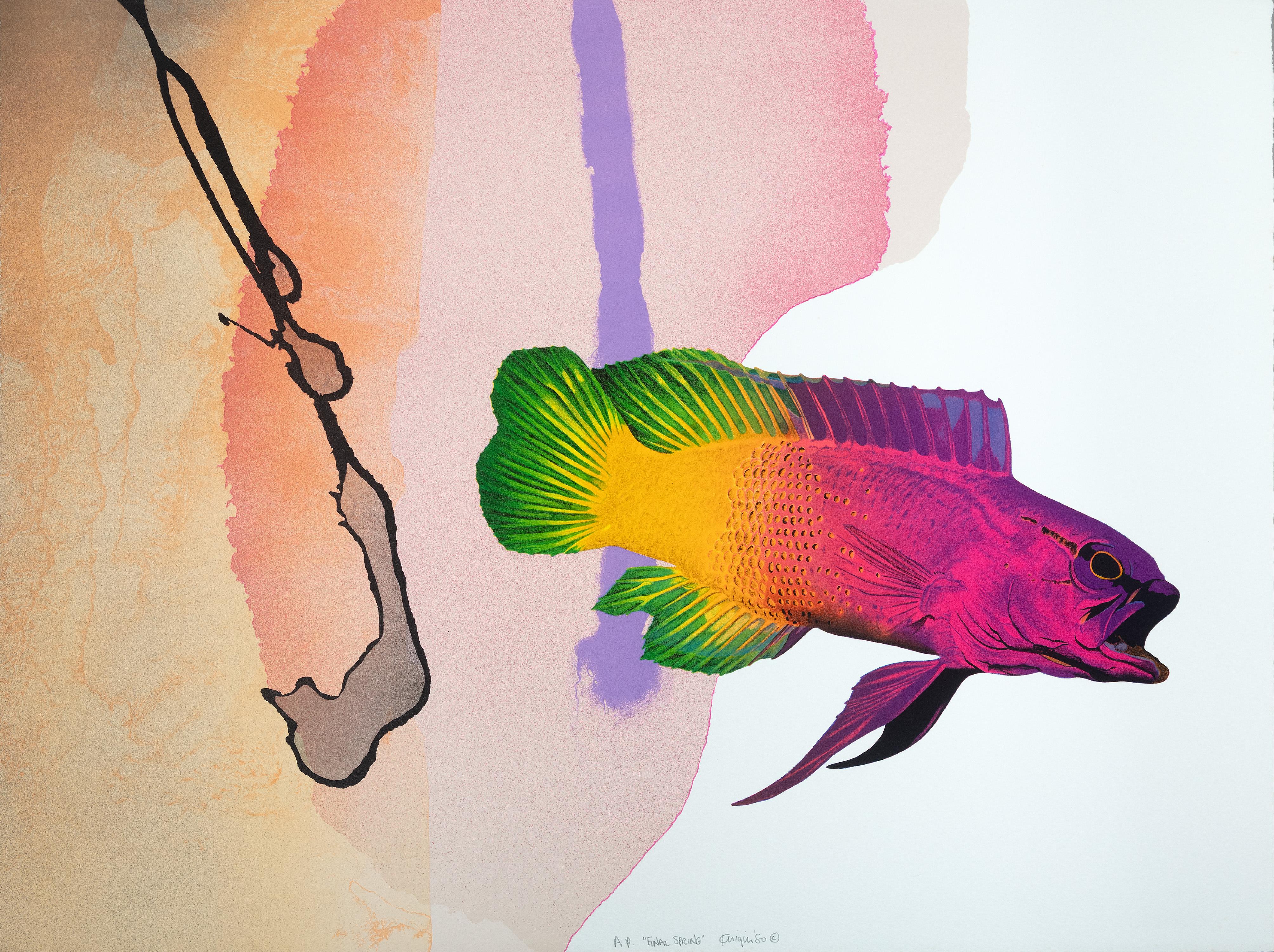 "Final Spring" is an original color lithograph by Michael Knigin. The artist signed and titled in the lower center of image. This piece is an artist's proof and features a brightly colored beta fish in front of a vibrant abstract background.