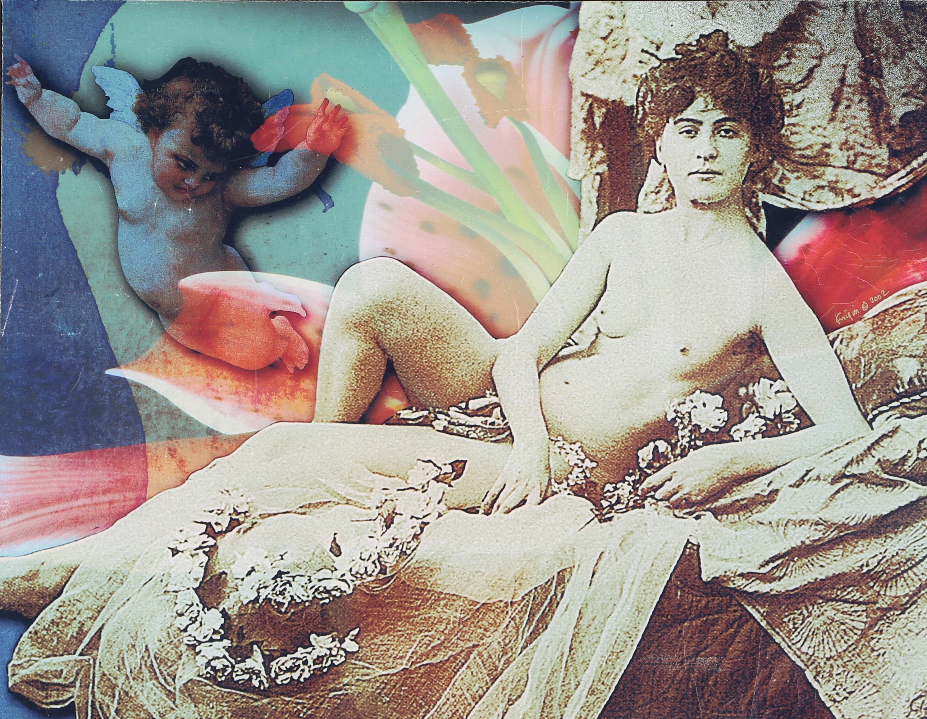 Ein auf Holz aufgezogener Mixed-Media-Druck des amerikanischen Künstlers und Pädagogen Michael Knigin (1942 - 2011) in limitierter Auflage auf Leinwand. Knigin verbindet in seiner Kunst Fotografie, Collage und seine leuchtenden abstrakten Striche zu
