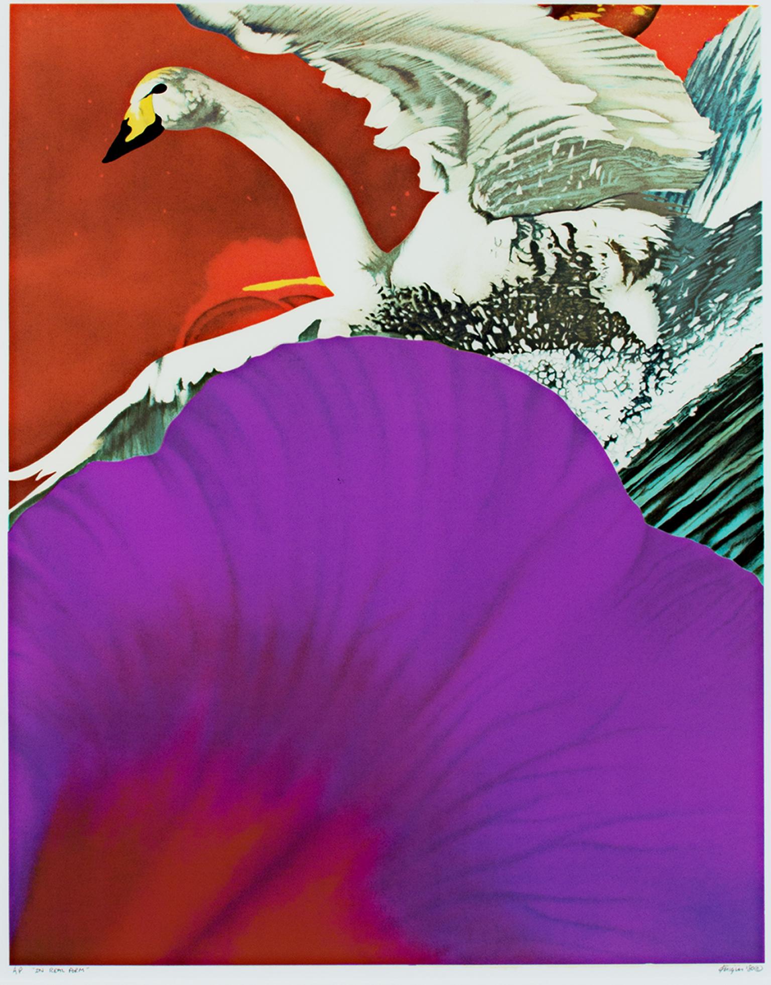 Abstract Print Michael Knigin - "In Real Form" lithographie originale signée pop art réaliste cygne floral vibrant.