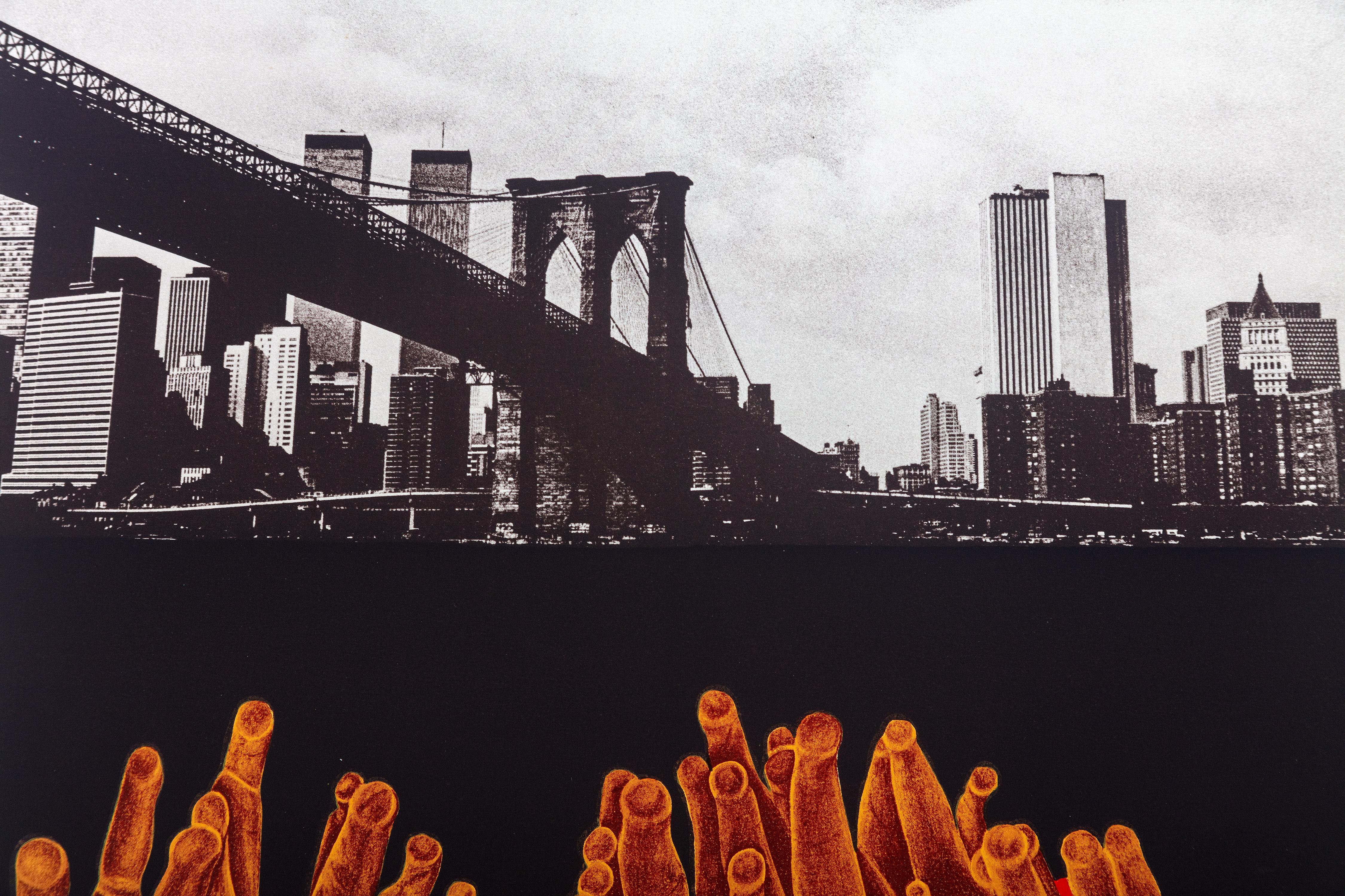 Original Lithographie, signiert Pop Art, Aquatische abstrakte Stadtlandschaft, New Yorker Fischreef, Original (Pop-Art), Print, von Michael Knigin