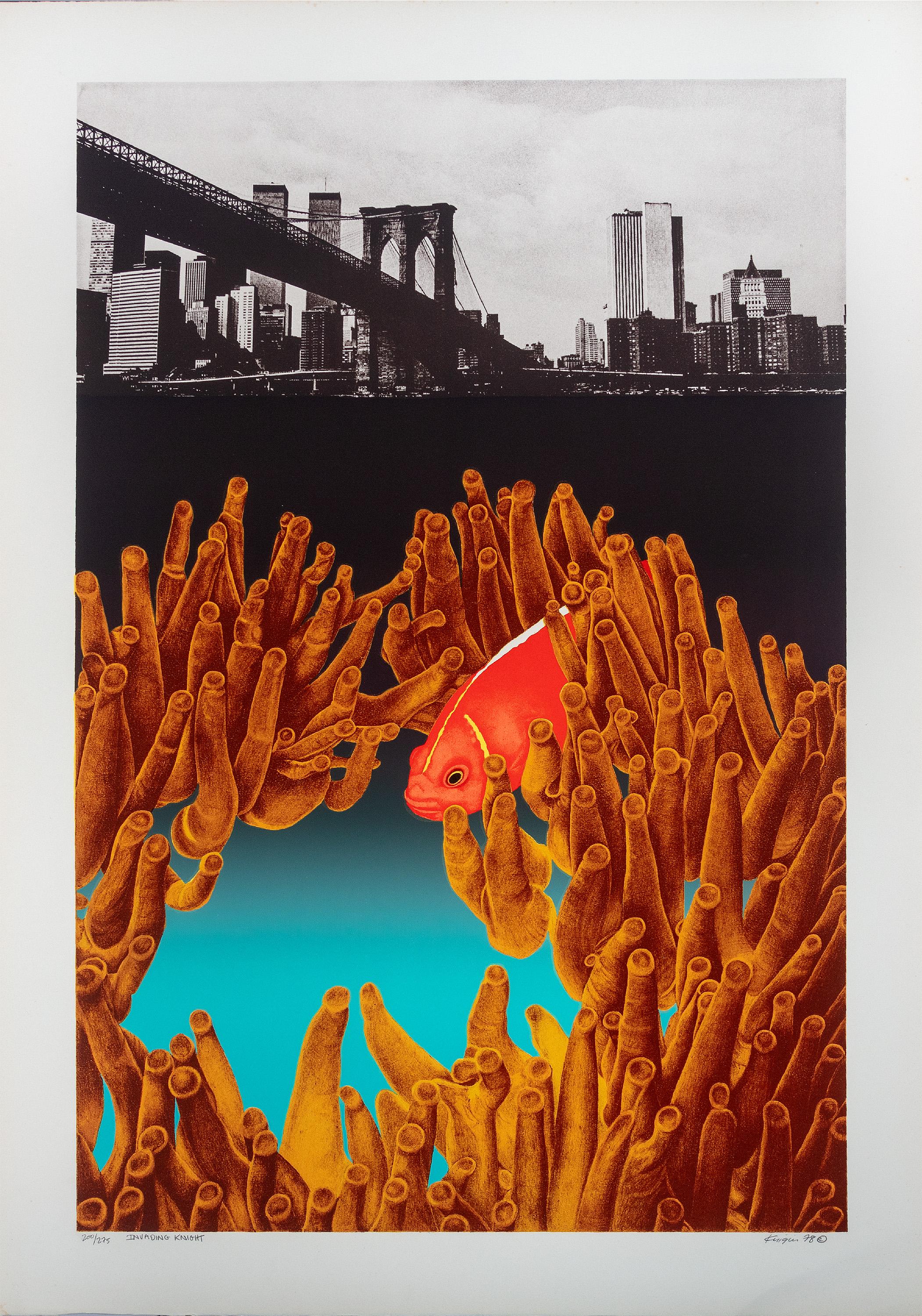 Abstract Print Michael Knigin - Lithographie originale signée Pop Art Aquatic Abstract Cityscape New York Fish Reef