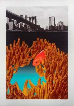 Retro Original Lithograph Signed Pop Art Aquatic Abstract Cityscape New York Fish Reef