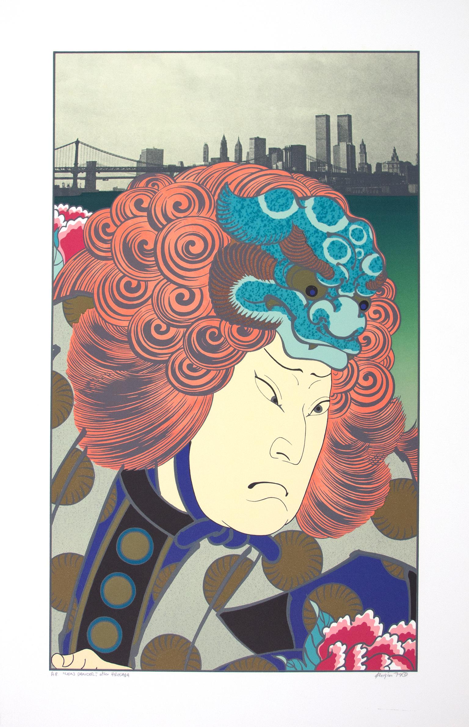 Portrait Print Michael Knigin - Lithographie originale de Lion Dancer After Hirosada, signée, figure japonaise pop art