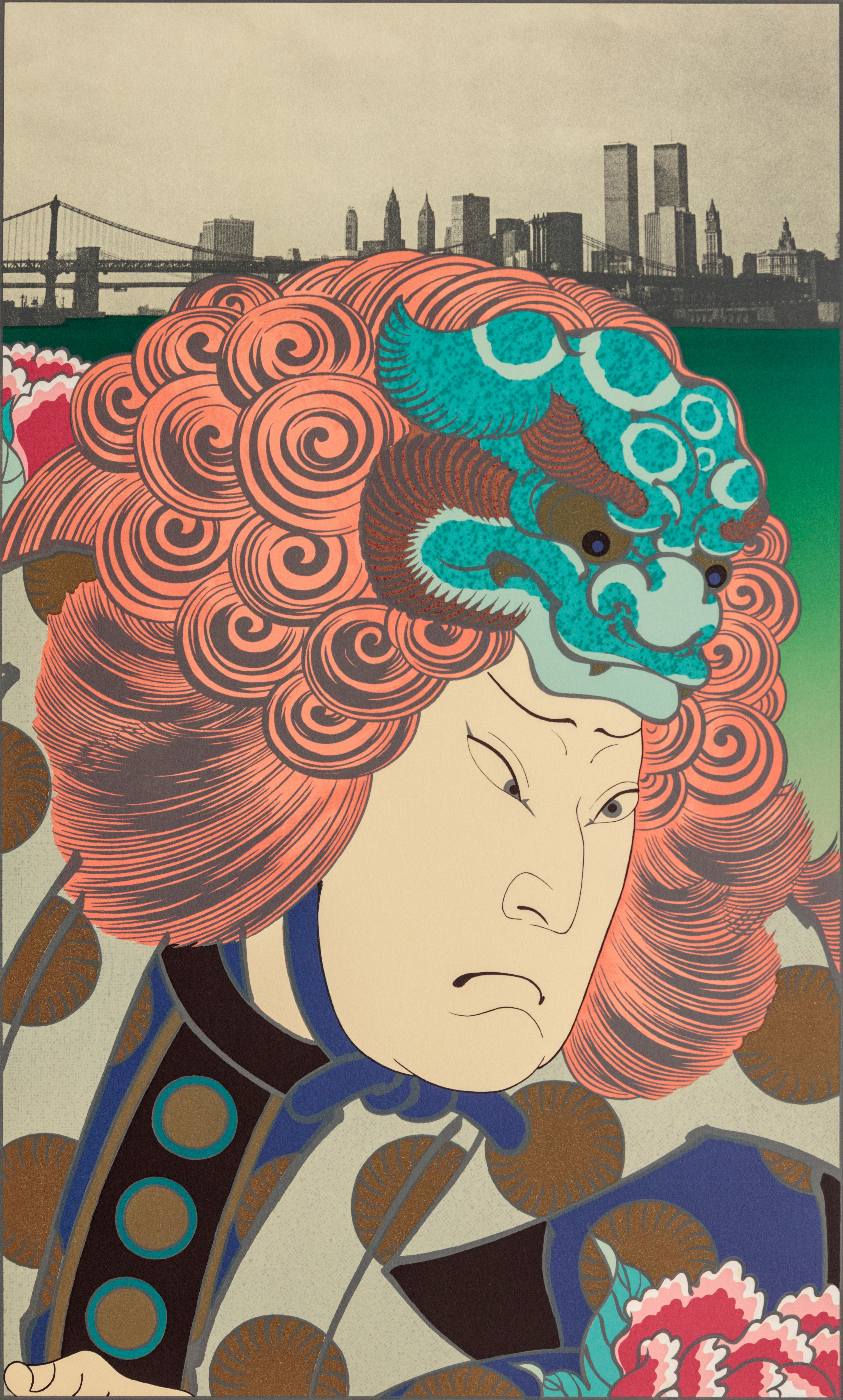 Michael Knigin Portrait Print - "Lion Dancer After Hirosada" original lithograph signed pop art japanese figure