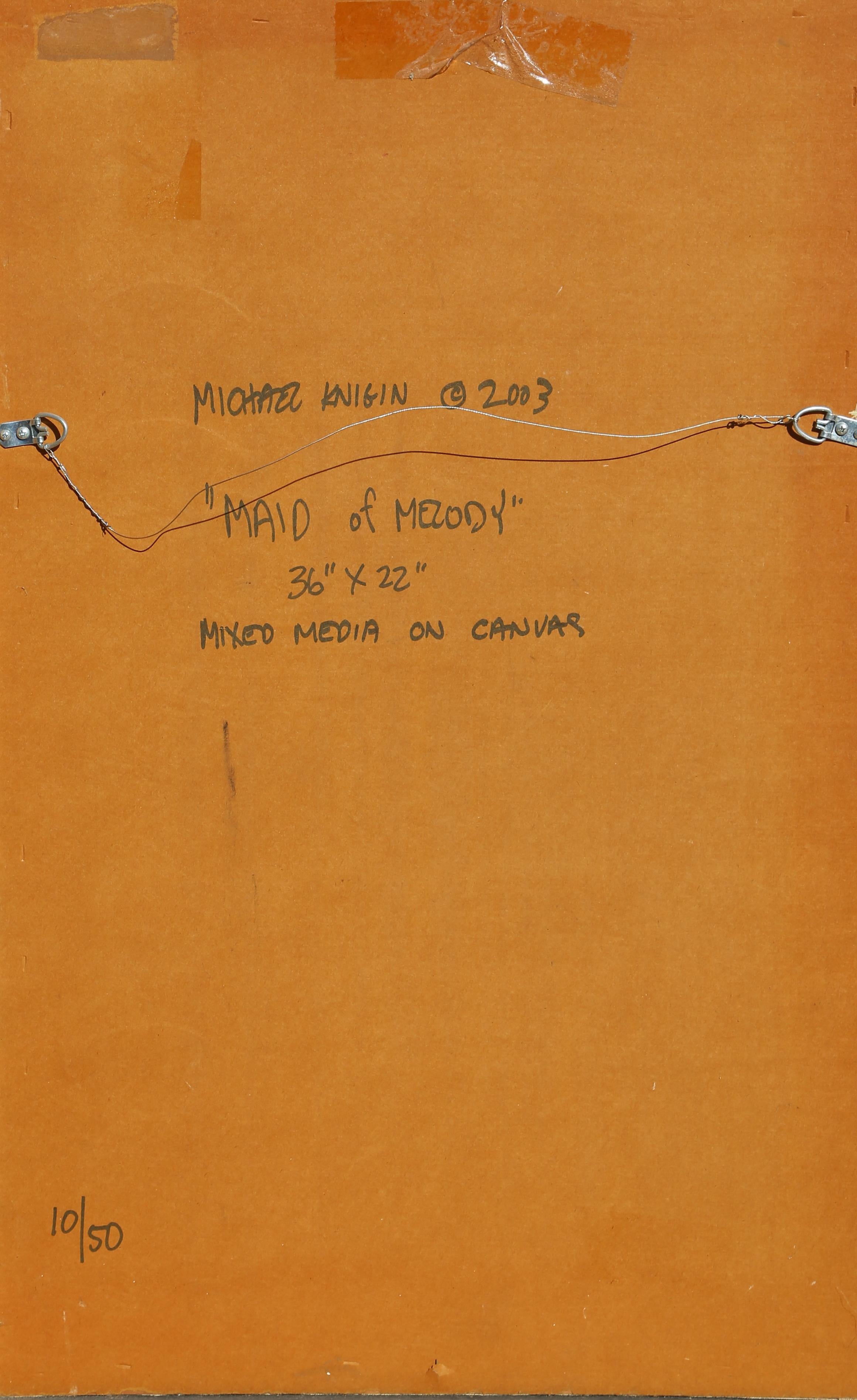 A limited edition mixed media print on canvas mounted to wood by American artist and educator Michael Knigin (1942 - 2011). Knigin's art incorporates his photography, collage and his bright abstract strokes to form new vibrant imagery with a sense
