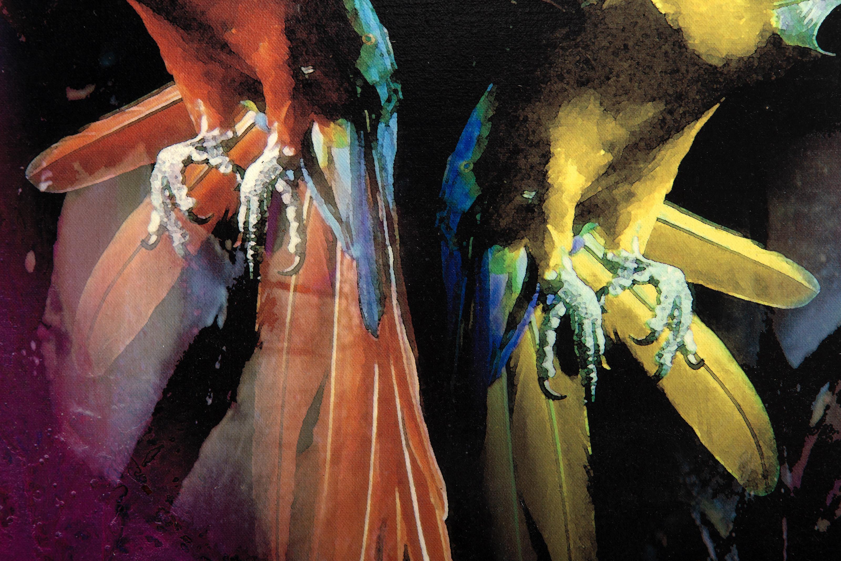 Perroquets en vol, impression chromogène moderne sur toile de Michael Knigin en vente 2