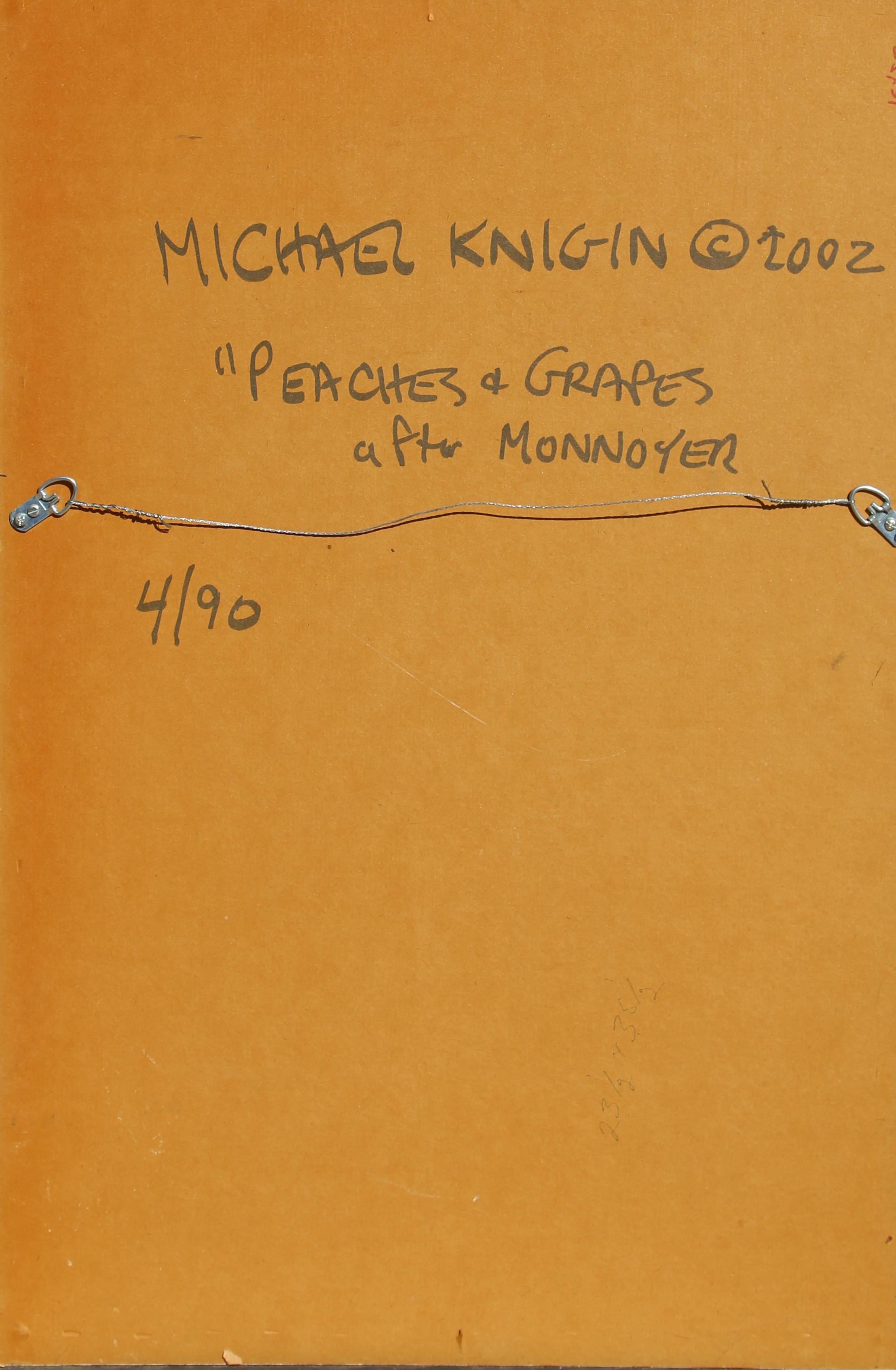 Ein auf Holz aufgezogener Mixed-Media-Druck des amerikanischen Künstlers und Pädagogen Michael Knigin (1942 - 2011) in limitierter Auflage auf Leinwand. Knigin verbindet in seiner Kunst Fotografie, Collage und seine leuchtenden abstrakten Striche zu