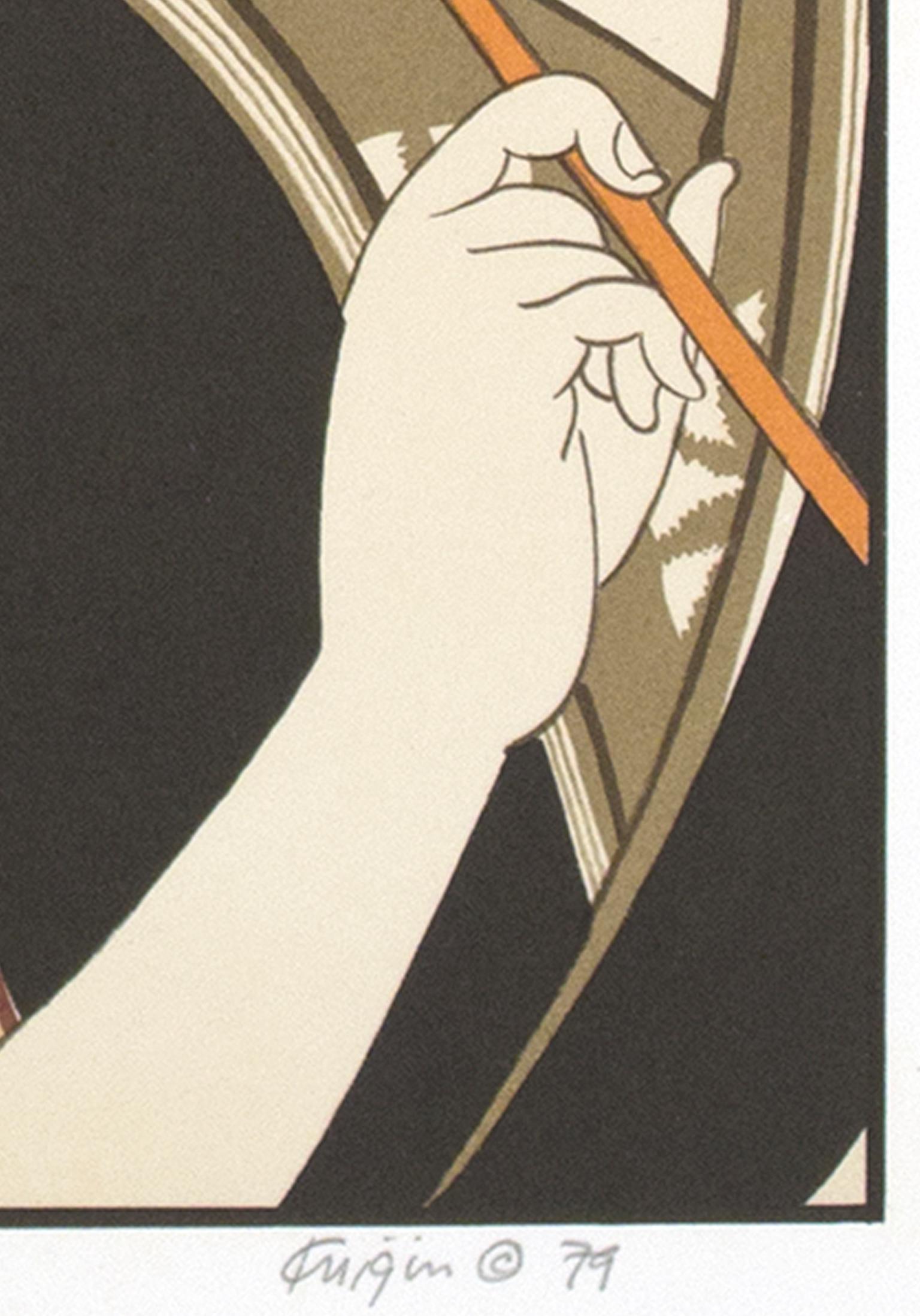 Lithographie en couleur portrait ukiyo-e geisha femme ville texte de la fin du 20e siècle - Print de Michael Knigin