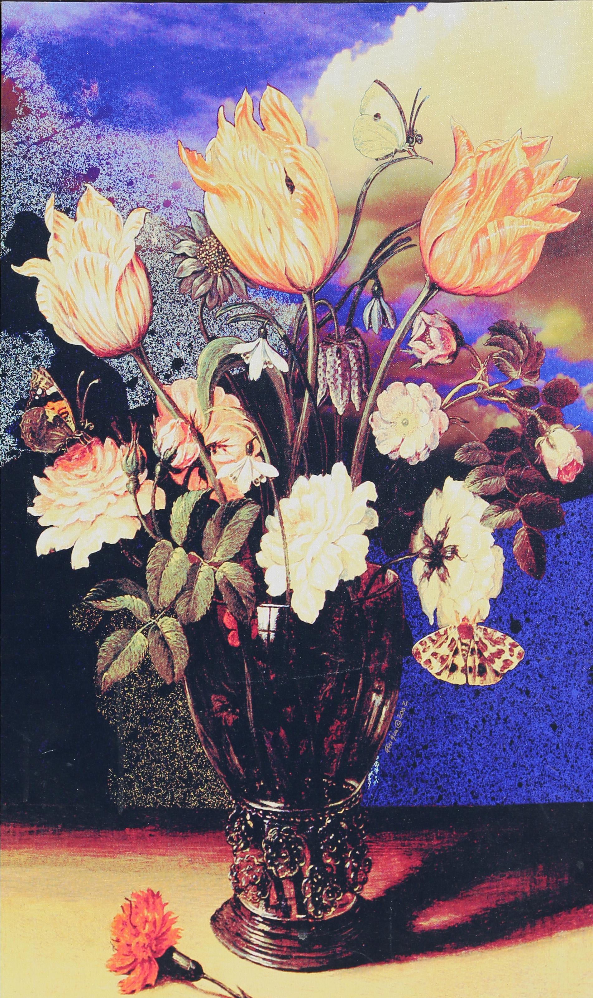 A limited edition mixed media print on canvas mounted to wood by American artist and educator Michael Knigin (1942 - 2011). Knigin's art incorporates his photography, collage and his bright abstract strokes to form new vibrant imagery with a sense