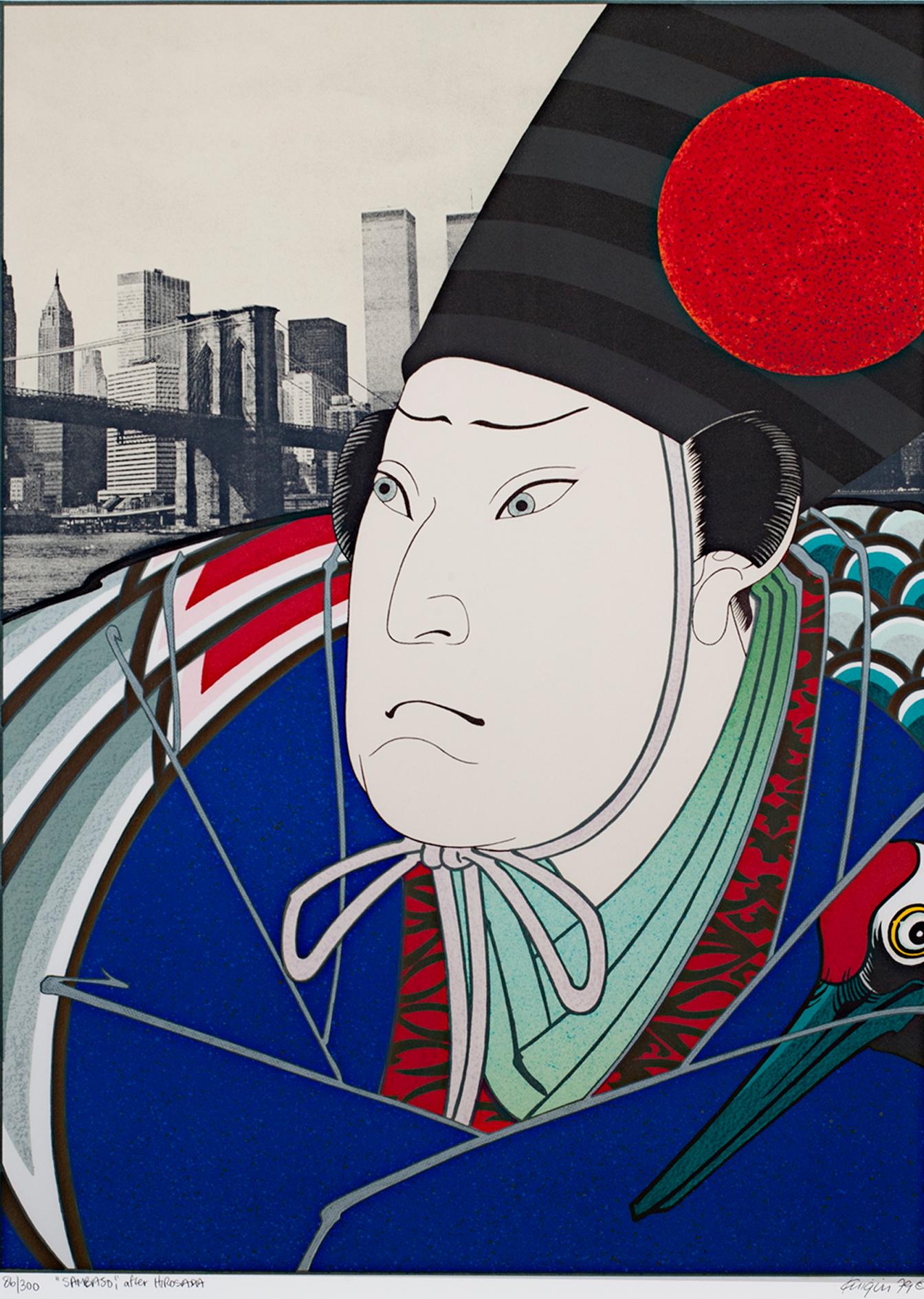 "Sambaso After Hirosada" is an original color lithograph by Michael Knigin from his Osaka series. This lithograph features a portrait of a traditional Japanese man in front of the New York City skyline. The artist signed the piece lower right and