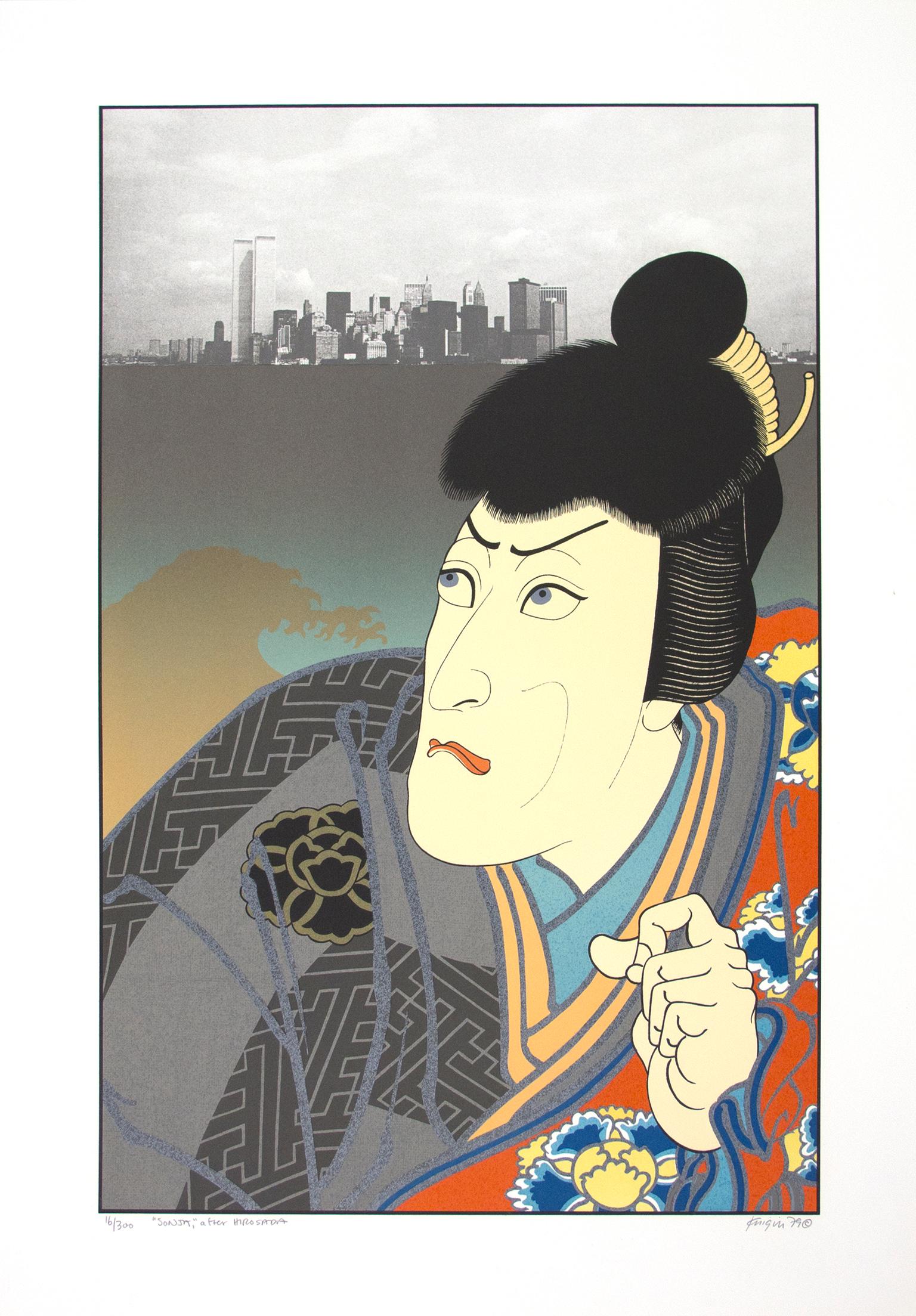 Portrait Print Michael Knigin - « Sonja, After Hirosada », lithographie originale, portrait de personnage pop, paysage de ville japonais