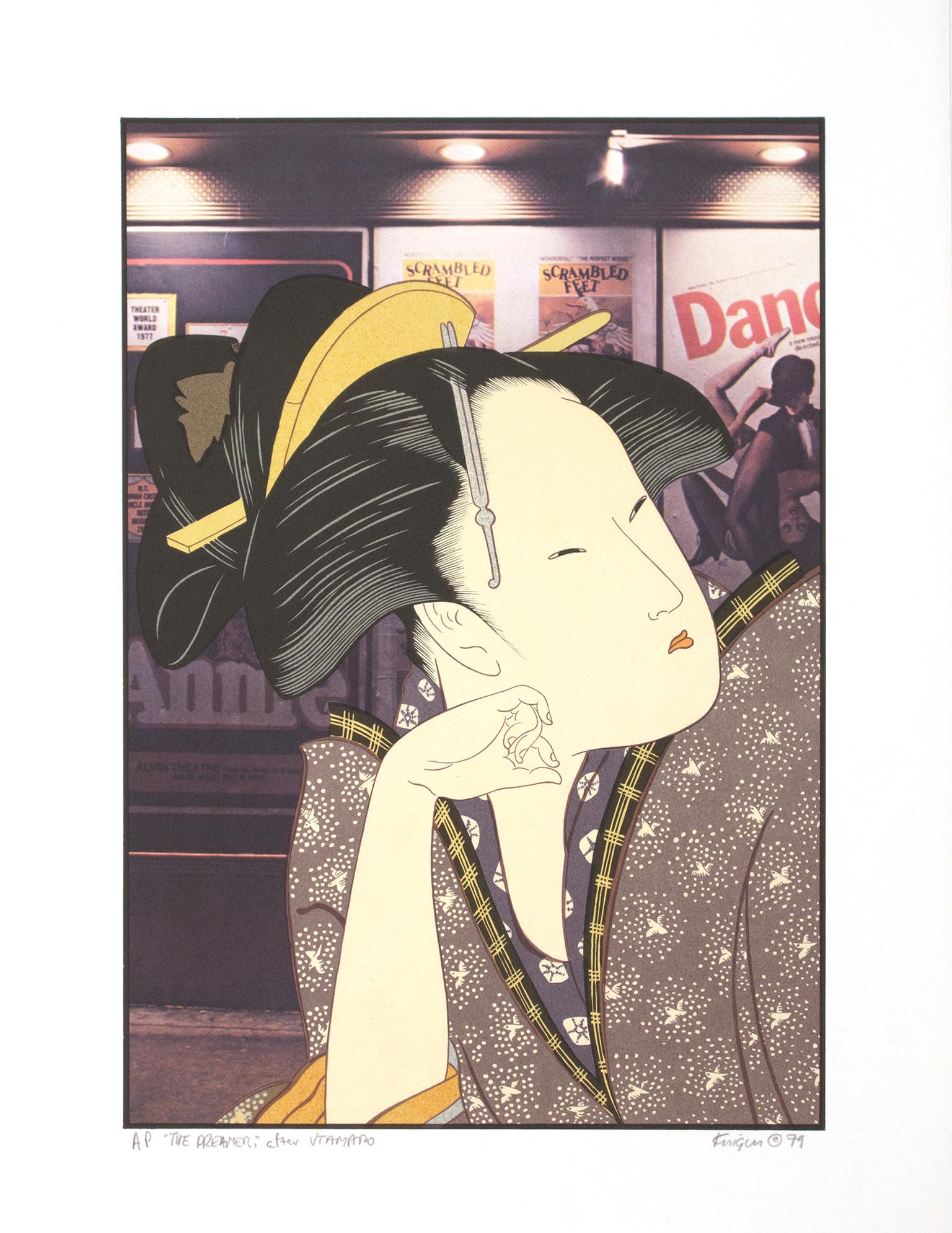 "Le rêveur après Utamaro" est une lithographie originale en couleurs de Michael Knigin. L'artiste  a signé la pièce en bas à droite et l'a titrée en bas à gauche. C'est une épreuve d'artiste. Cette œuvre d'art représente une femme japonaise