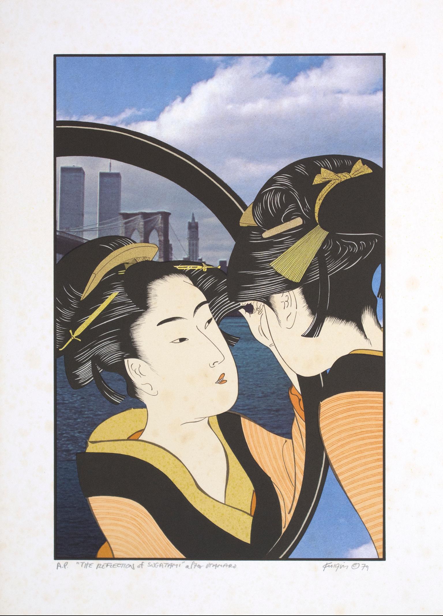 "The Reflection of Sugatami After Utamaro" est une lithographie originale en couleurs de Michael Knigin. L'artiste a signé l'œuvre en bas à droite et l'a titrée en bas à gauche. Cette pièce est une épreuve d'artiste. L'œuvre représente une femme