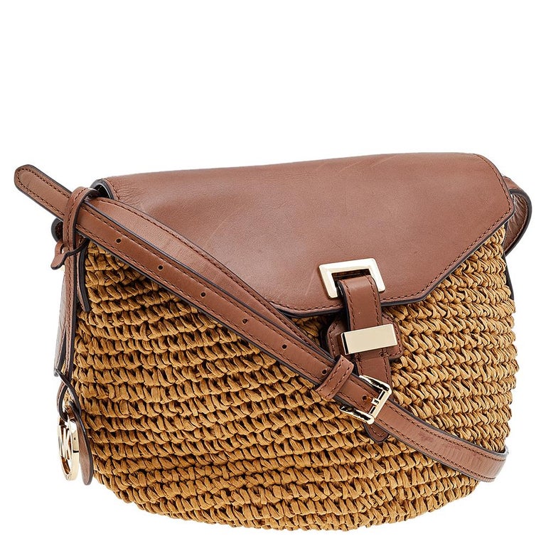Michael Kors Beige/Brown Woven Straw And Leather Medium Naomi Shoulder