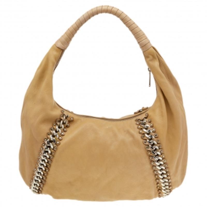 Beige Hobo à chaîne d'identification en cuir beige de Michael Kors
