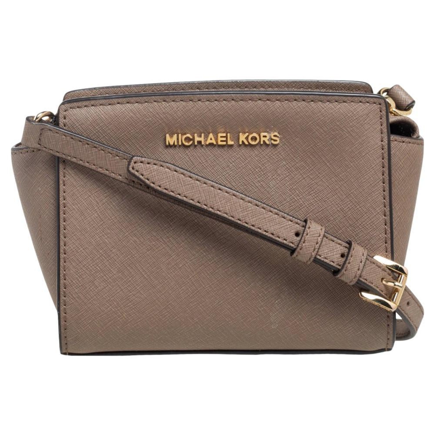 Michael Kors Selma Mini Saffiano Leather Messenger Bag in Pale Gold