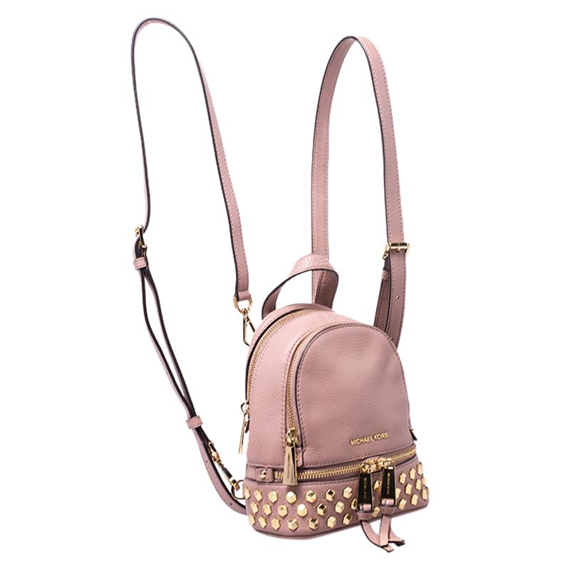 Michael Kors Beige Leather Mini Studded Rhea Backpack In Good Condition In Dubai, Al Qouz 2