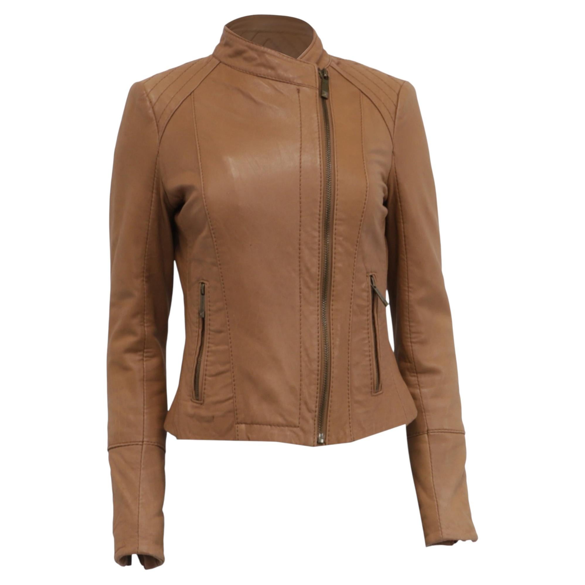 Pre-owned Michael Kors Biker Jacket In Tan Brown Leather