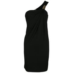 Michael Kors Black Draped Knit Metal Buckle Detail One Shoulder Dress XS