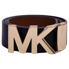 Michael Kors Black Leather Belt with Gold MK Logo Buckle