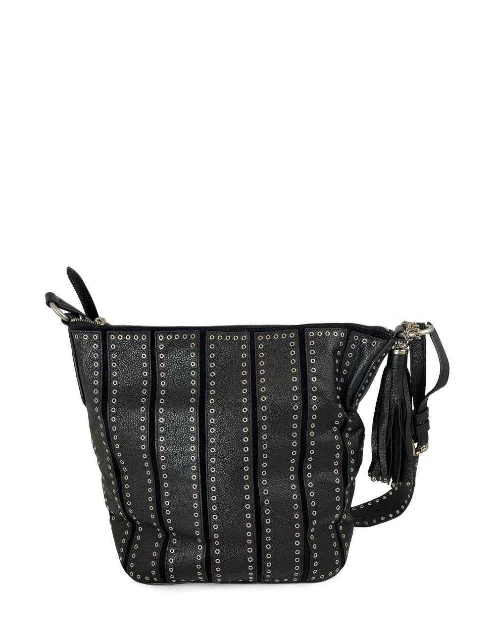 Black leather silver-eyelets stripe Michael Kors handbag, with tassel chain detail. Interior includes two slide pockets and one zipper pocket on the inside. In excellent condition.

Additional information:
Material: Leather
Hardware: