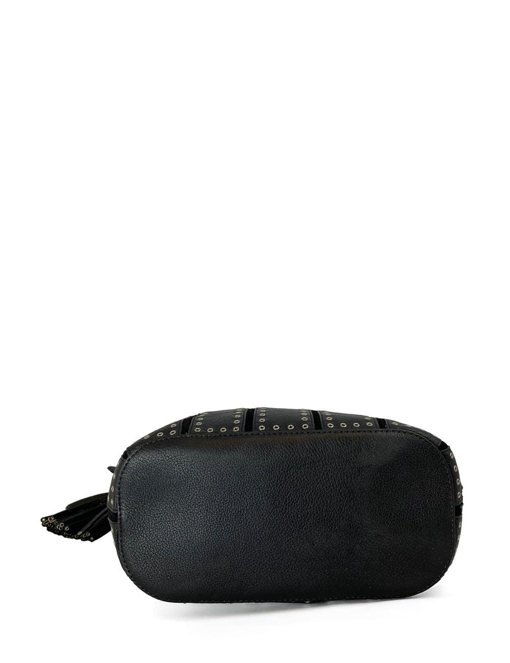 Women's Michael Kors Black Leather Silver-Eyelets Stripe Handbag