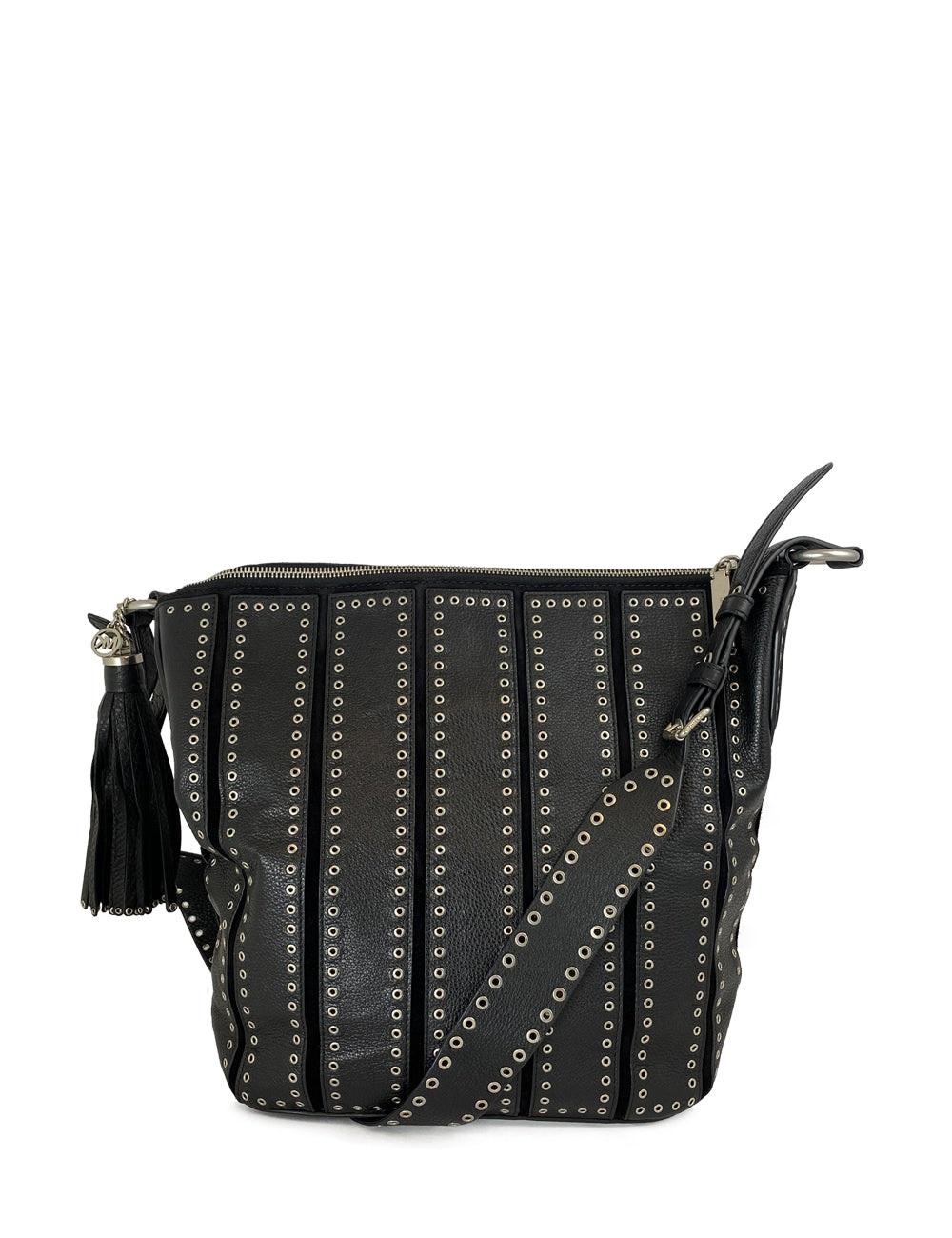 Michael Kors Black Leather Silver-Eyelets Stripe Handbag