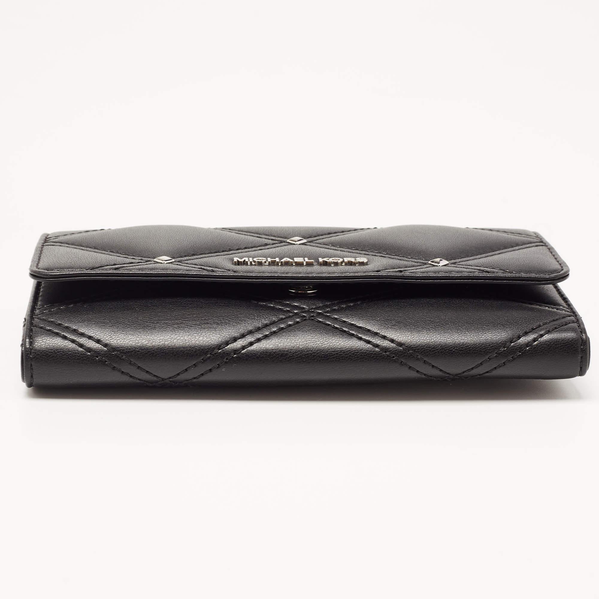 Women's Michael Kors Black Quilted Leather Jet Set Travel Trifold Continental Wallet
