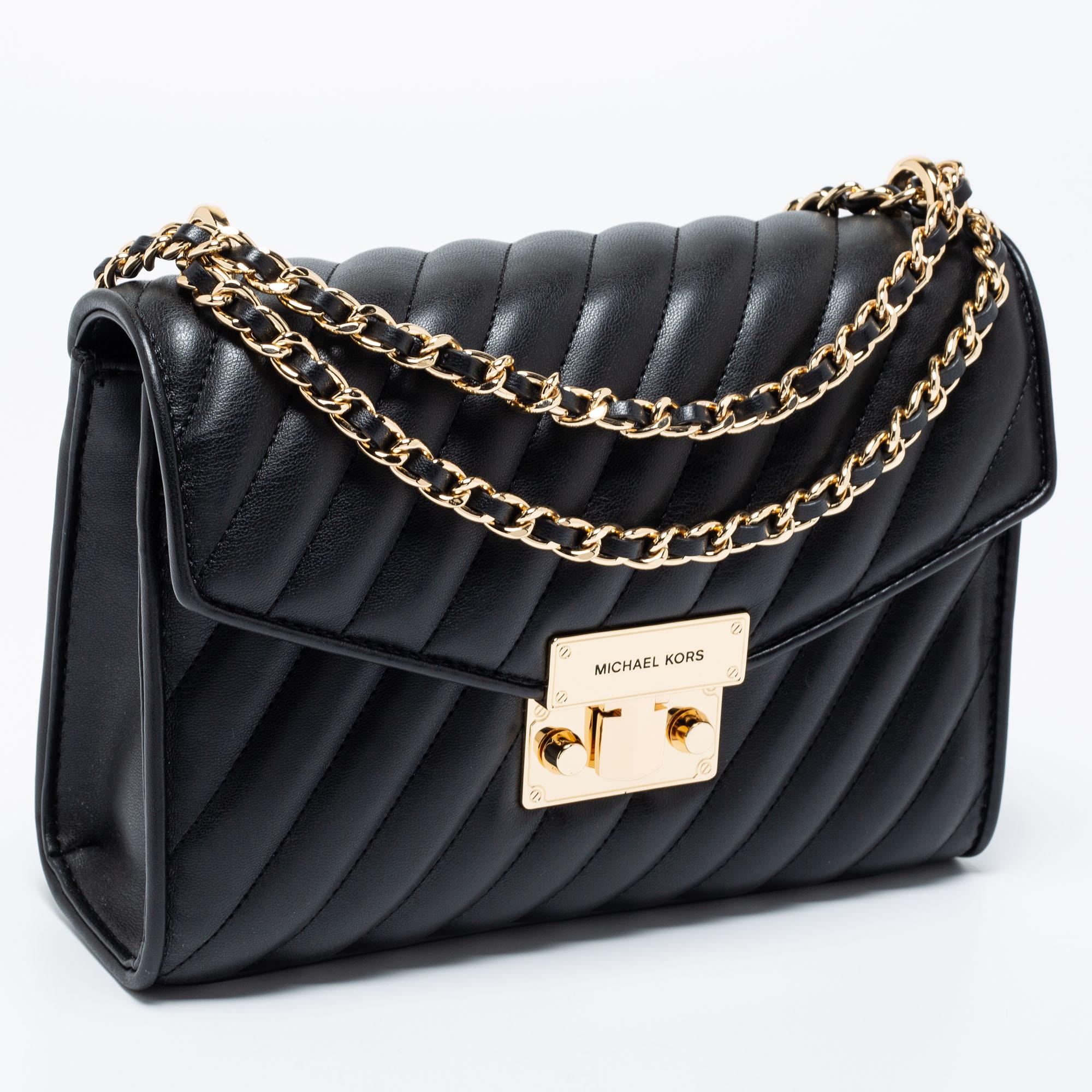 Michael Kors Black Quilted Leather Medium Rose Flap Shoulder Bag at