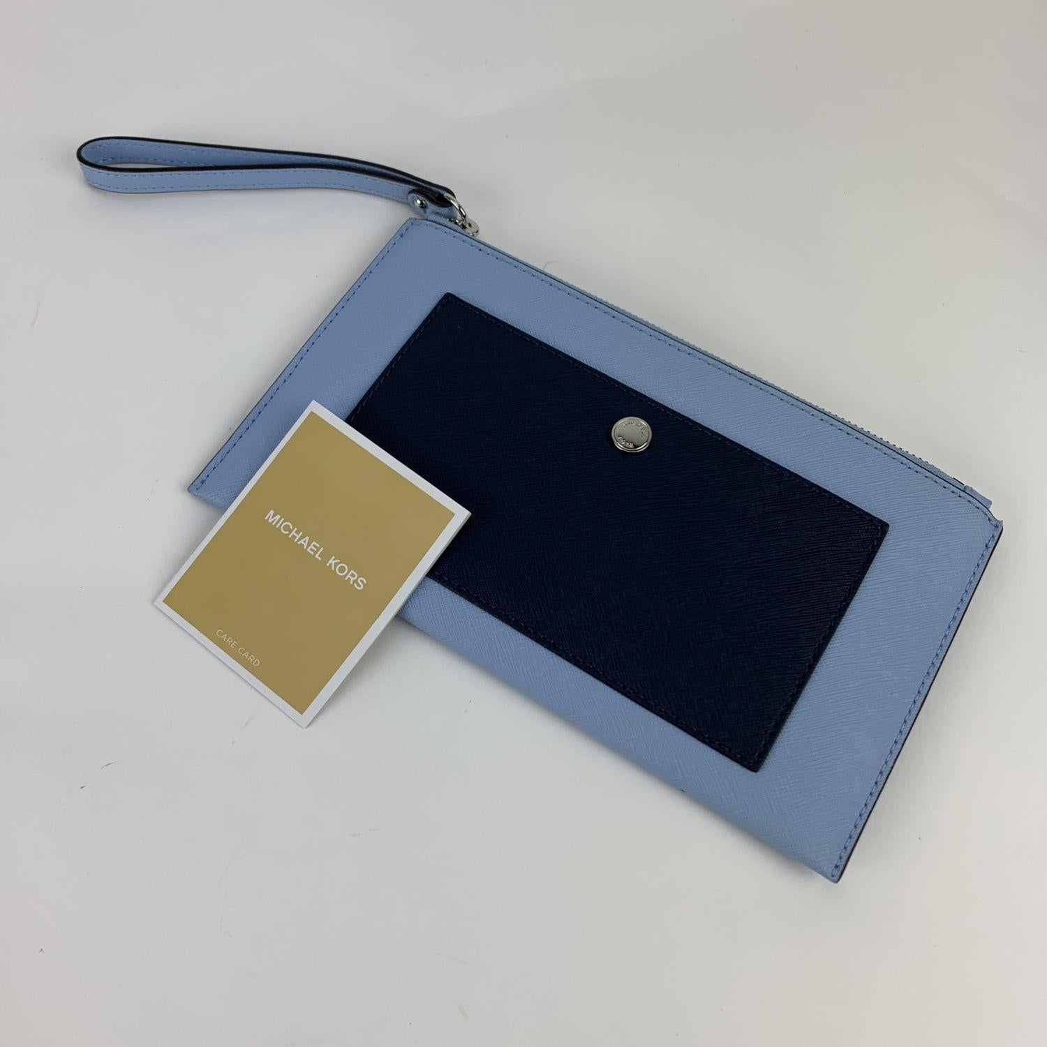 Michael Kors Blue Bicolor Leather Wristlet Pouch Bag with Pocket 1