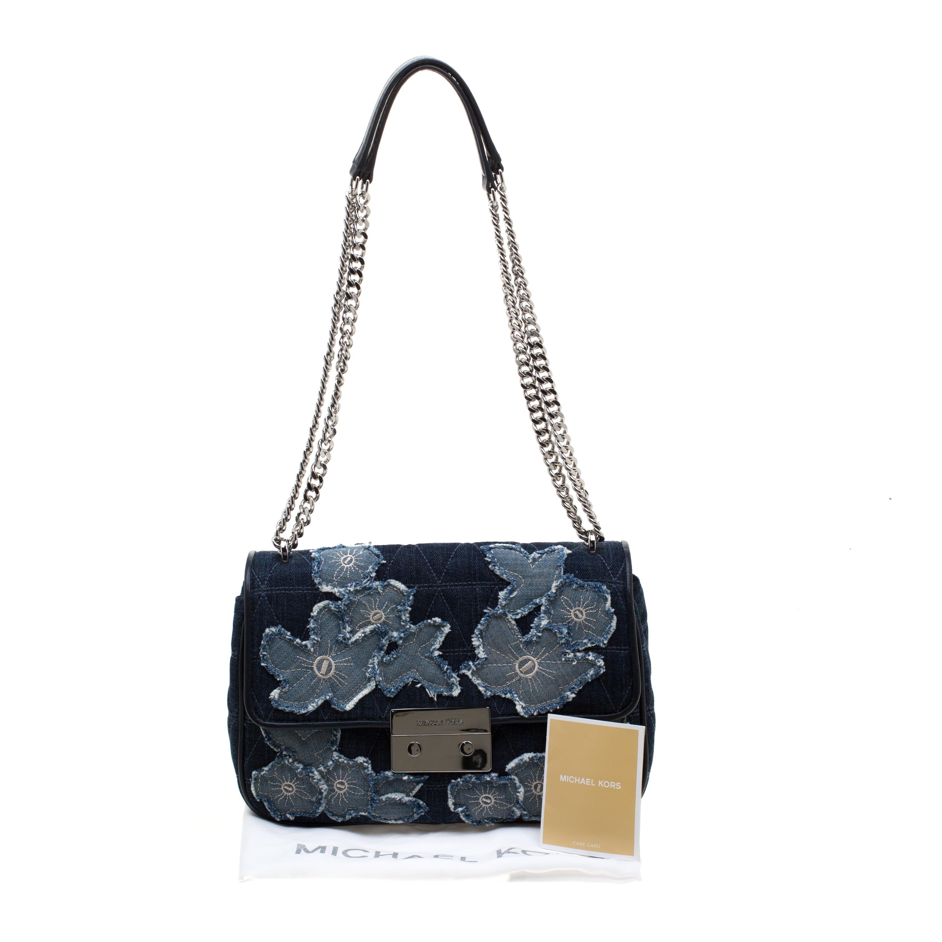 Michael Kors Blue Floral Denim Sloan Shoulder Bag 4