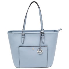 Michael Kors Blue Leather Jet Set Snap Pocket Tote