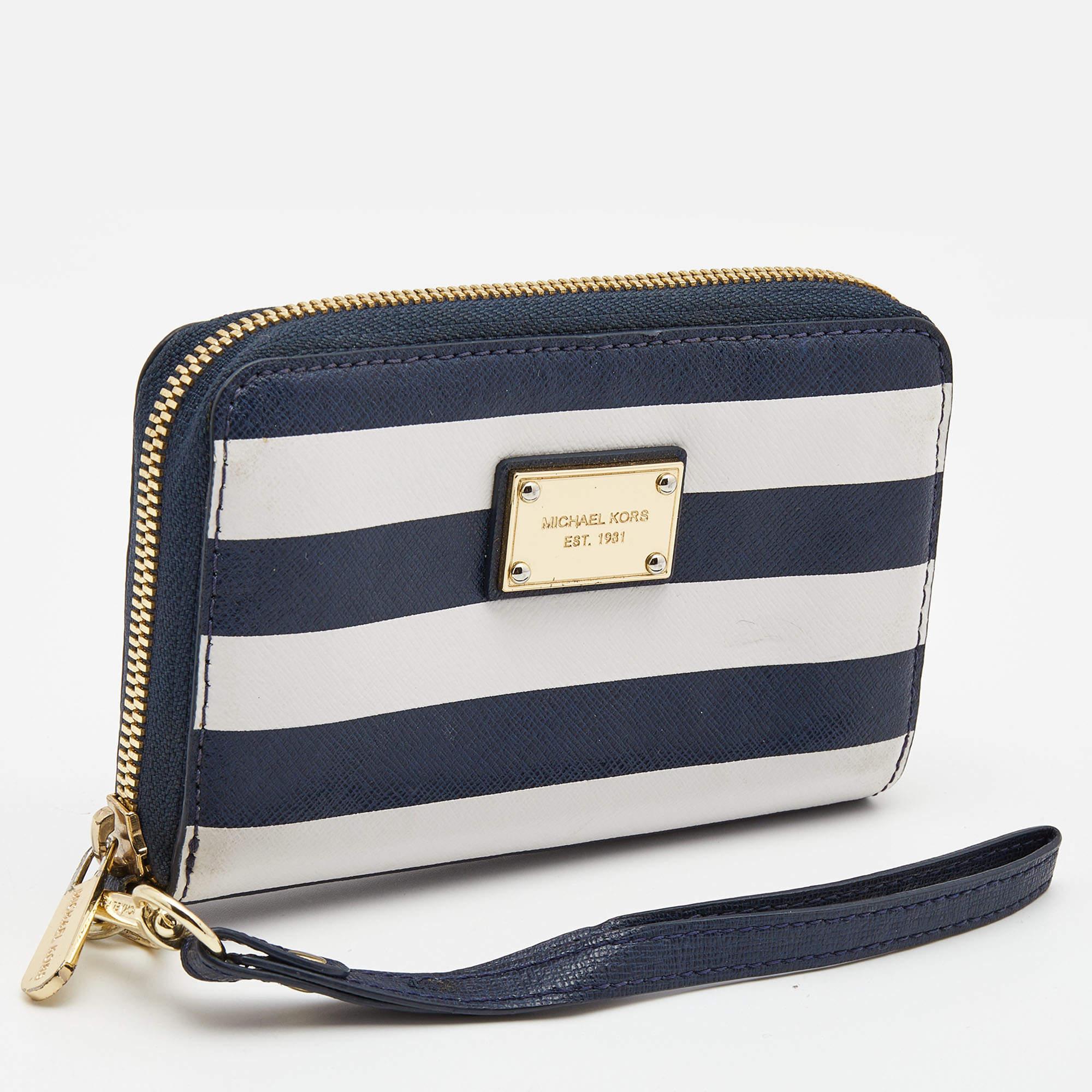 Black Michael Kors Blue/White Leather Striped Zip Around Wallet For Sale