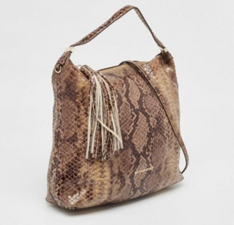 Michael Kors Brown/Black Python Embossed Patent Leather Tassel Hobo For Sale 6