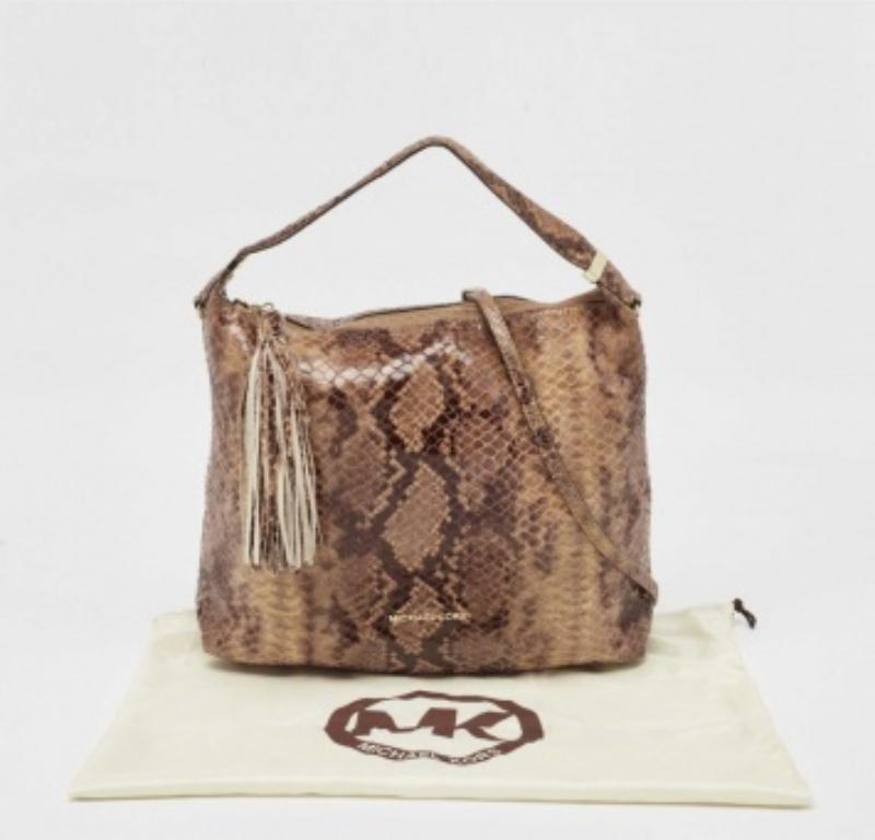 Michael Kors Brown/Black Python Embossed Patent Leather Tassel Hobo For Sale 4