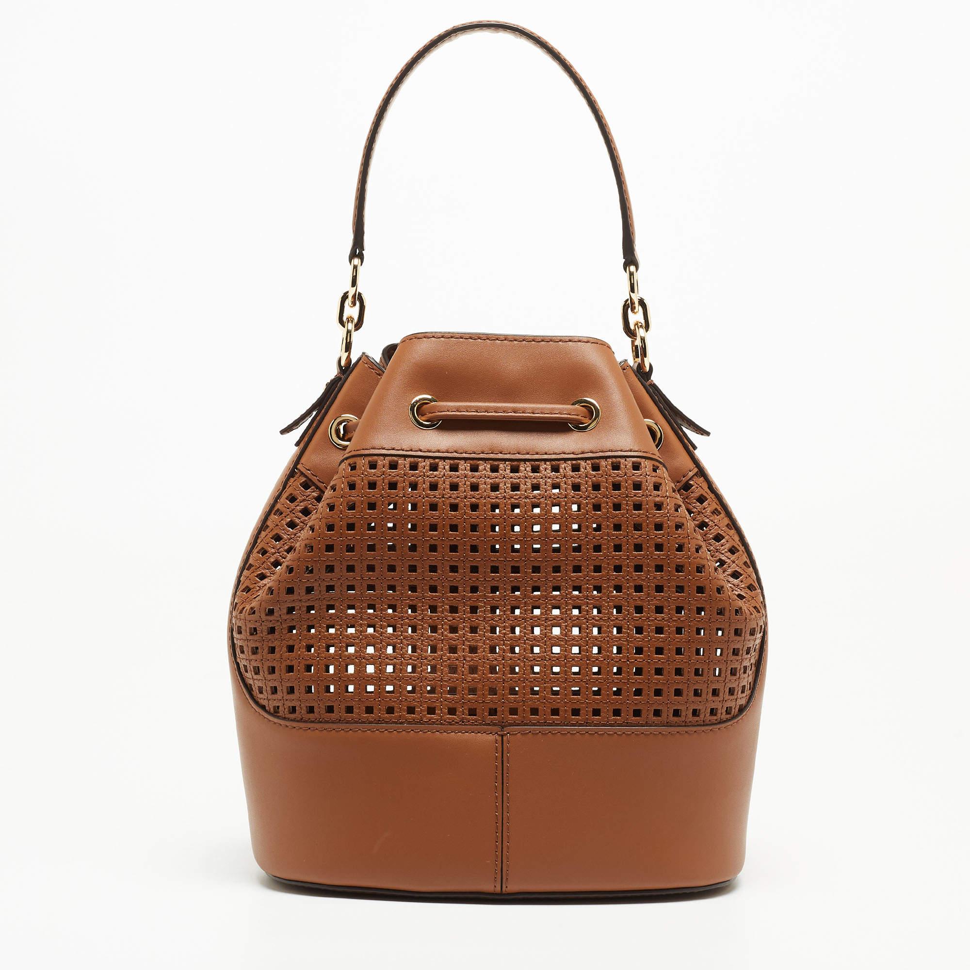 Women's Michael Kors Brown Leather Medium Devon Bucket Bag For Sale