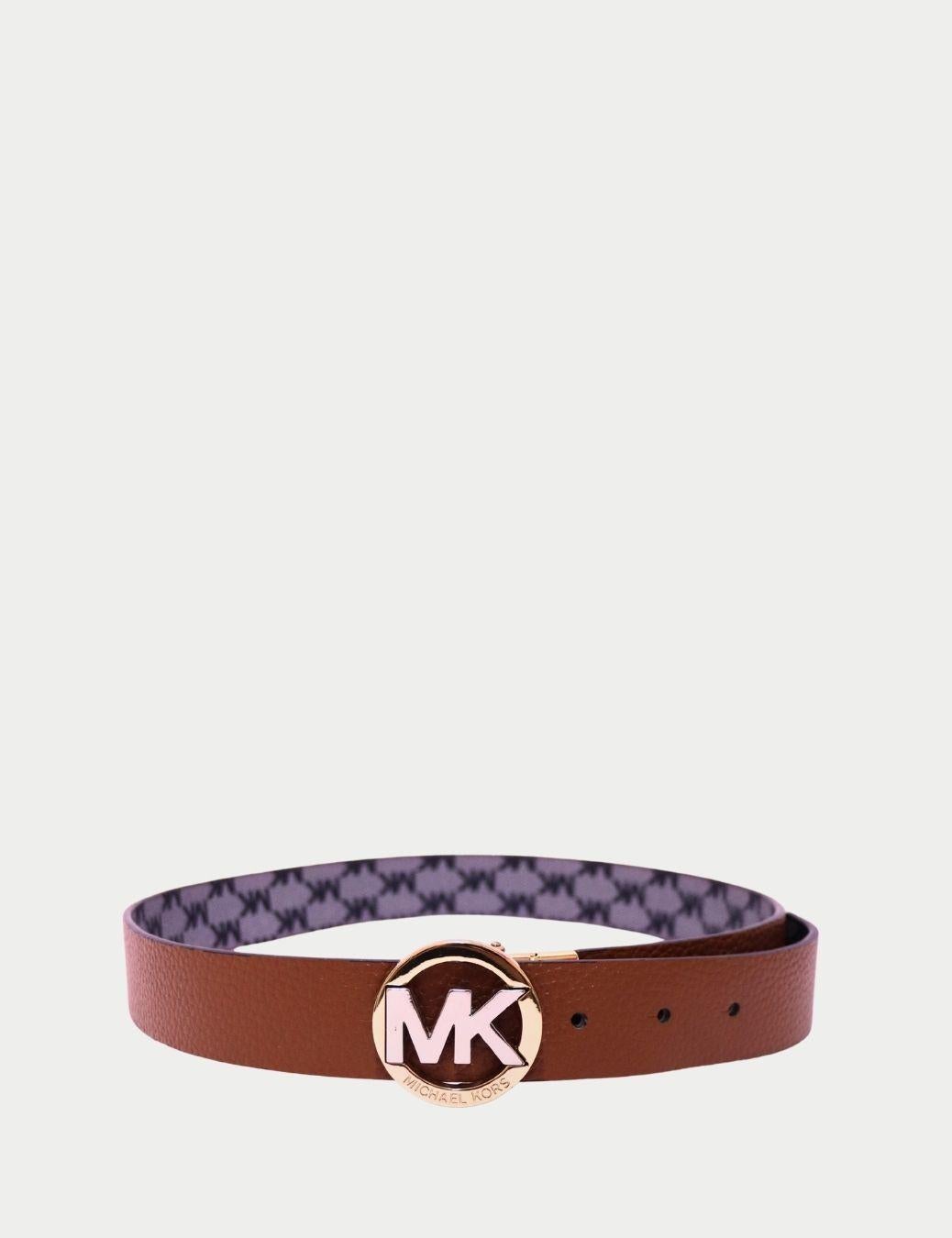 Cintura reversibile in pelle marrone con fibbia dorata con logo MK Circle di Michael Kors in vendita 1