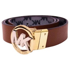 Michael Kors Brown Leather Reversible Belt with Gold MK Circle Logo Buckle