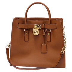 Used Michael Kors Brown Saffiano Leather Satchel Bag with Gold Lock Detail