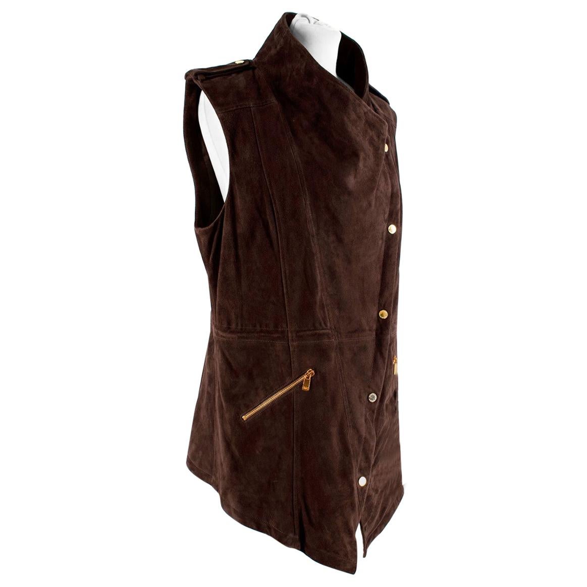 Michael Kors - Veste sans manches asymétrique en daim marron - Taille US 8 en vente