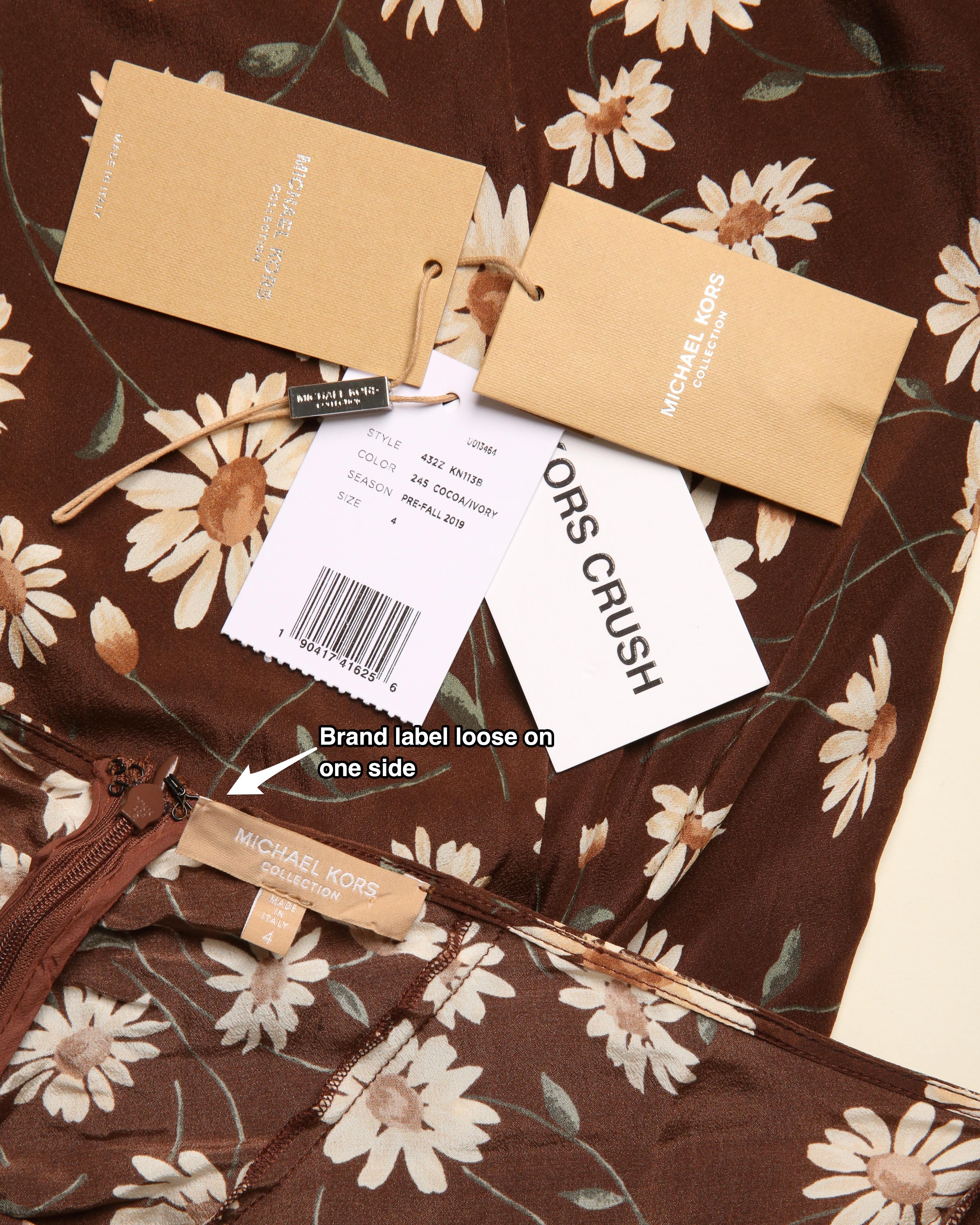 Michael Kors - Robe midi en soie marron et blanche à volants avec imprimé floral et marron marron, style thé, taille US 4 11
