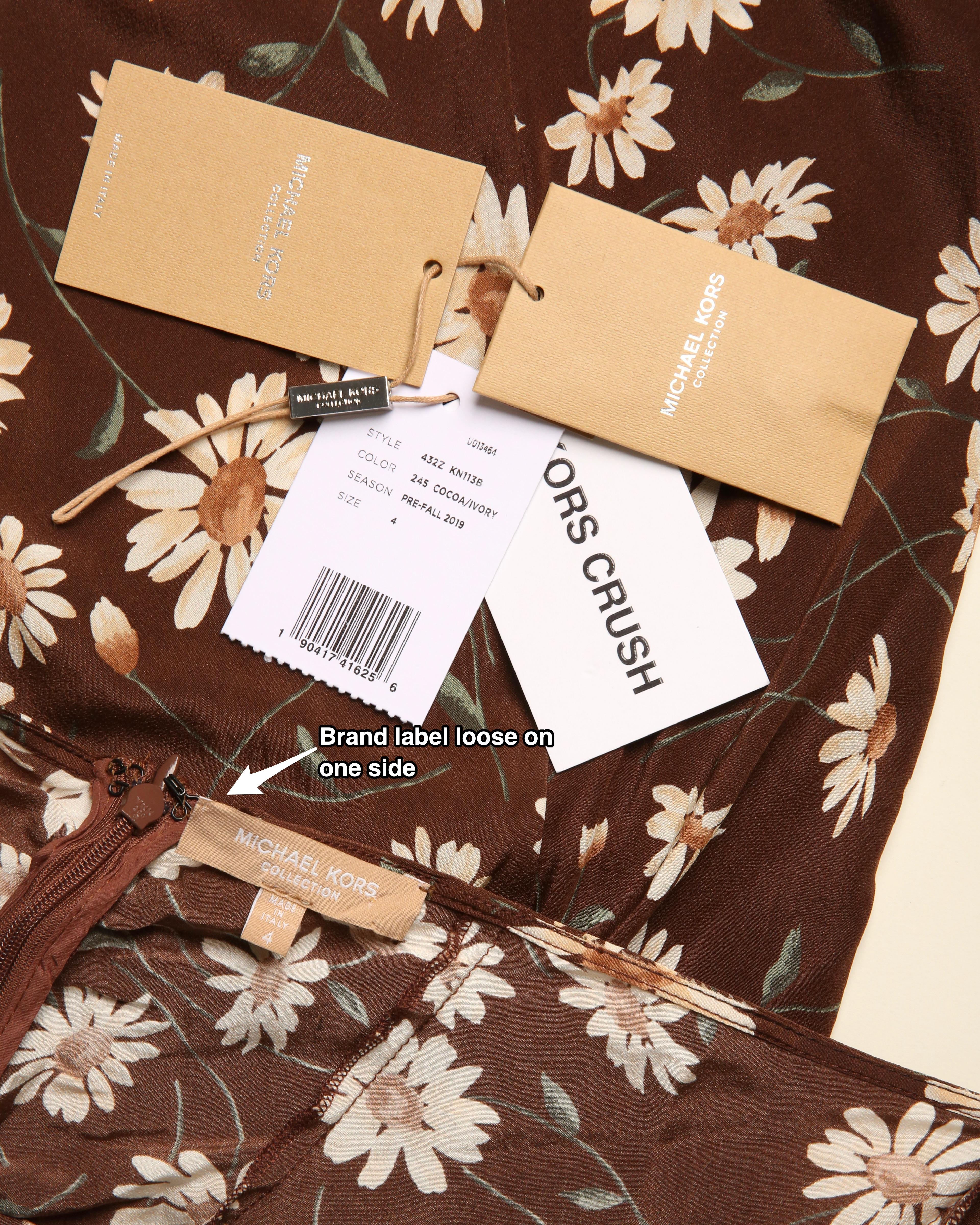 Michael Kors marrone bianco con stampa floreale a margherite e volant, abito midi in seta stile tè US4 11