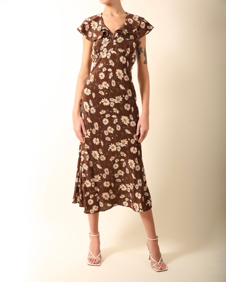 Michael Kors brown white floral daisy print ruffle tea style midi silk  dress US4 For Sale at 1stDibs