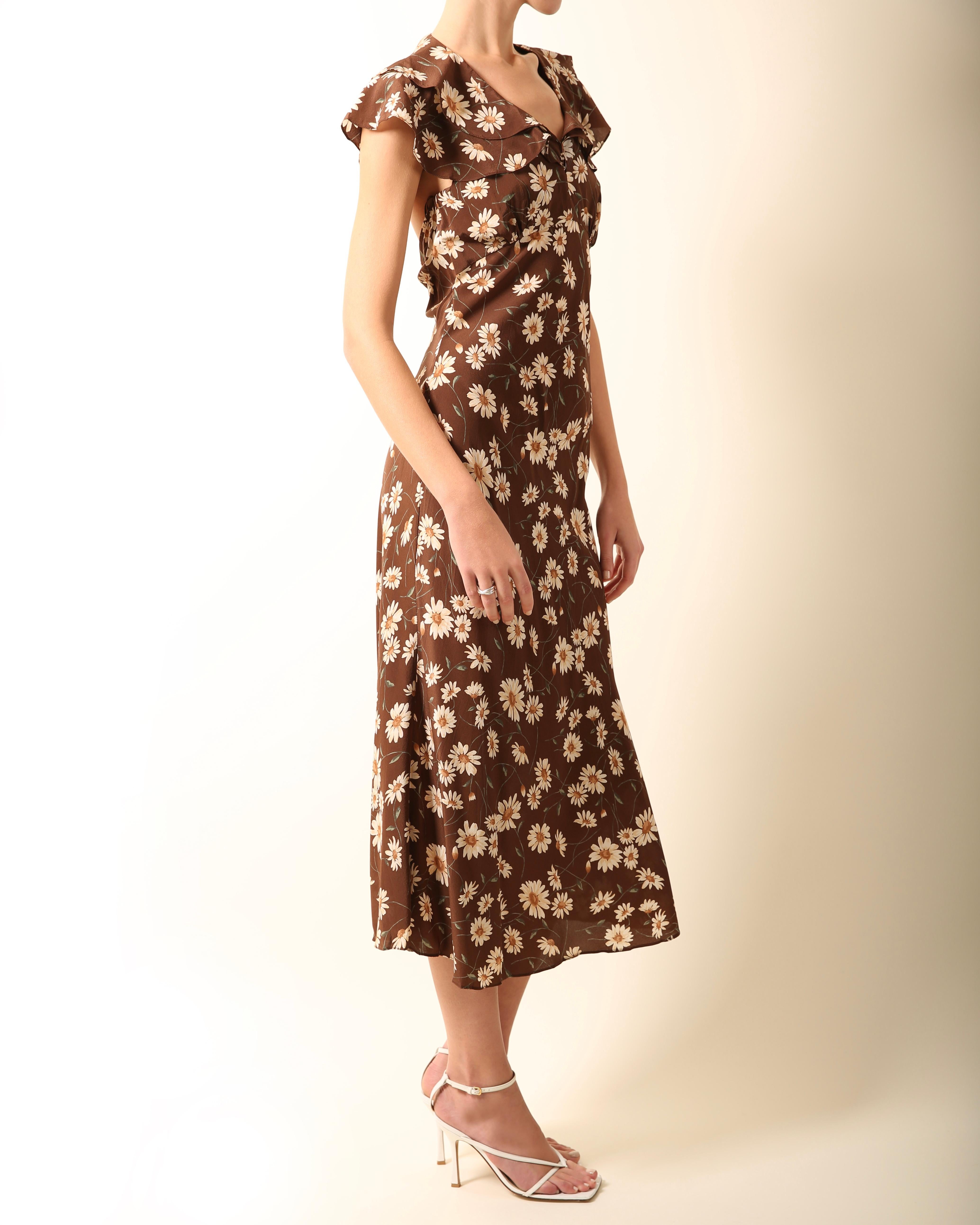 Women's Michael Kors brown white floral daisy print ruffle tea style midi silk dress US4